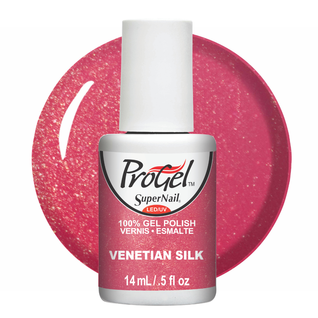 A bottle of ProGel SuperNail LED gel polish in the shade 'Venetian Silk', shown against a white background with a large pink glitter swatch behind it.