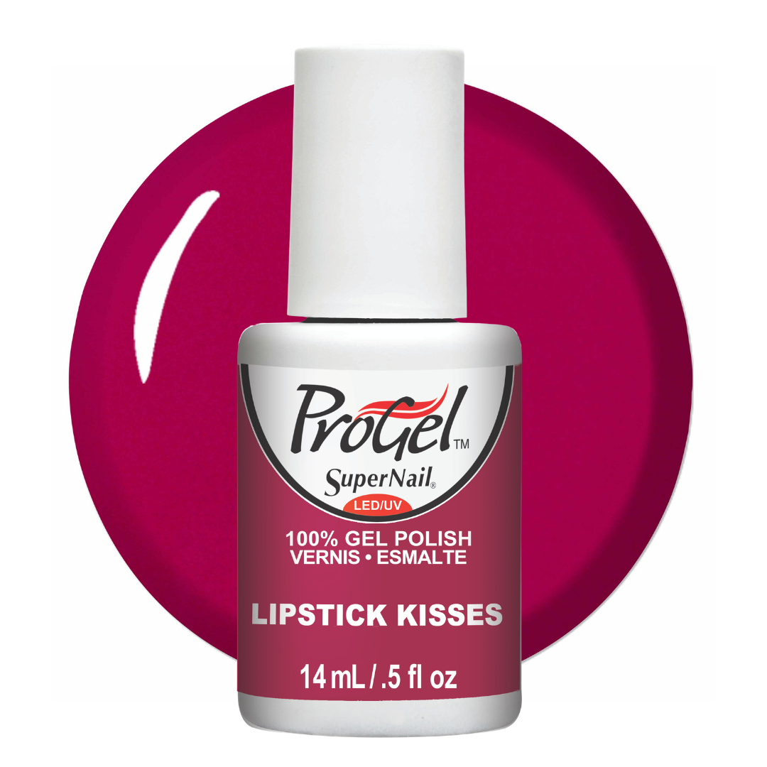 A bottle of ProGel SuperNail LED gel nail polish in the shade 'Lipstick Kisses', featuring a white cap and a label with a deep magenta color, set against a matching magenta circular background on a white studio backdrop.