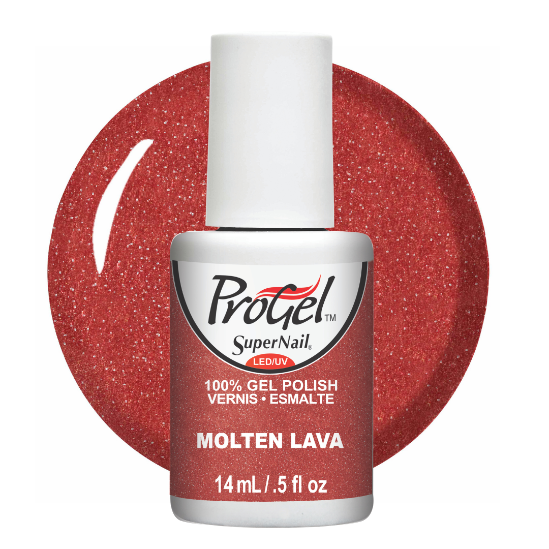 A bottle of ProGel SuperNail LED gel polish in the shade 'Molten Lava', featuring a red glitter polish swatch behind the bottle on a white background.