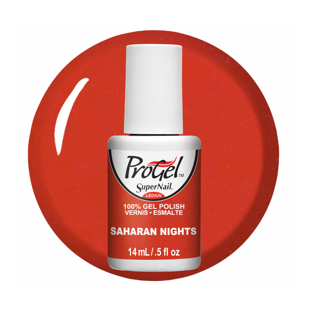 A bottle of Progel SuperNail LED gel polish in the shade Saharan Nights, set against a large circular red background swatch.