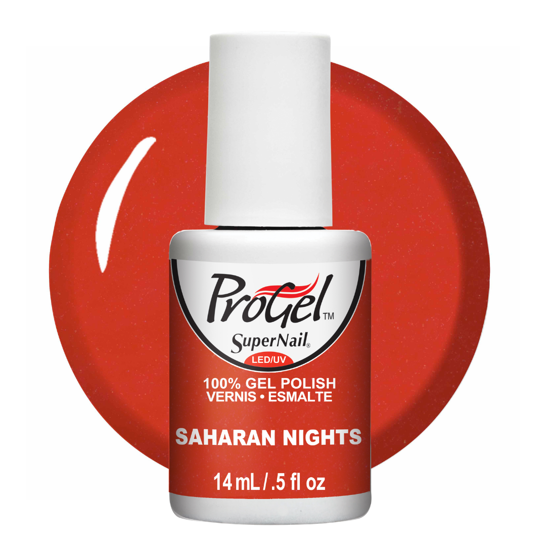 A bottle of ProGel SuperNail LED UV gel nail polish in the shade Sahara Nights, featuring a white cap and a red label, set against a red circular background swatch on a white studio background.