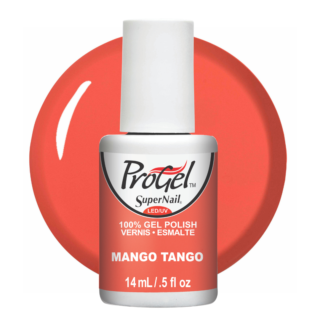 A bottle of ProGel SuperNail LED UV gel polish in the shade Mango Tango, shown against a white background with a large coral-red circular color swatch behind it.