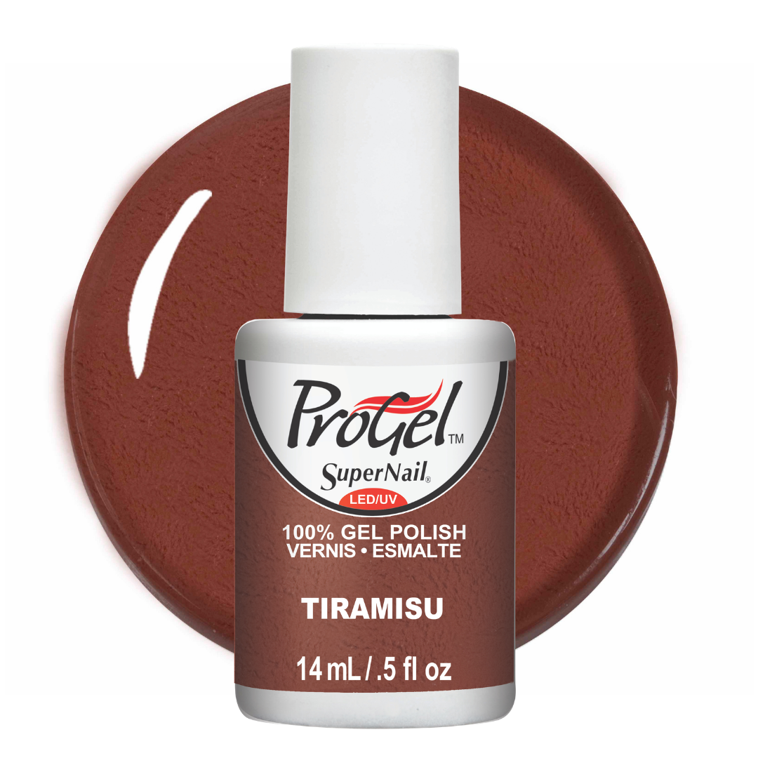 A bottle of ProGel SuperNail LED gel polish in the shade Tiramisu, shown in front of a matching brown circular color swatch on a white background.