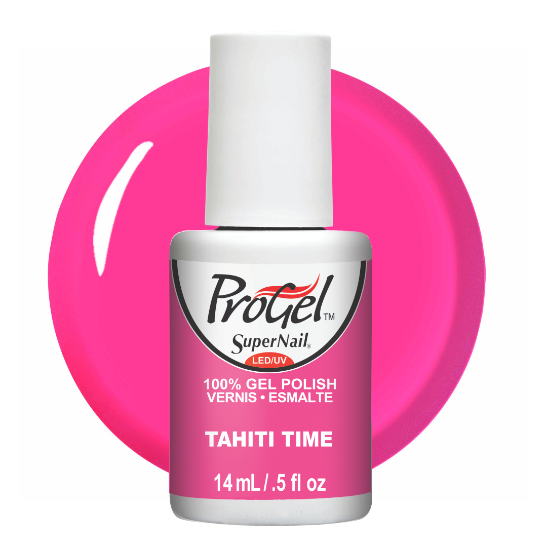 A bottle of ProGel SuperNail LED gel nail polish in the shade Tahiti Time, featuring a white cap and a pink label, set against a bright pink circular background on a white studio backdrop.
