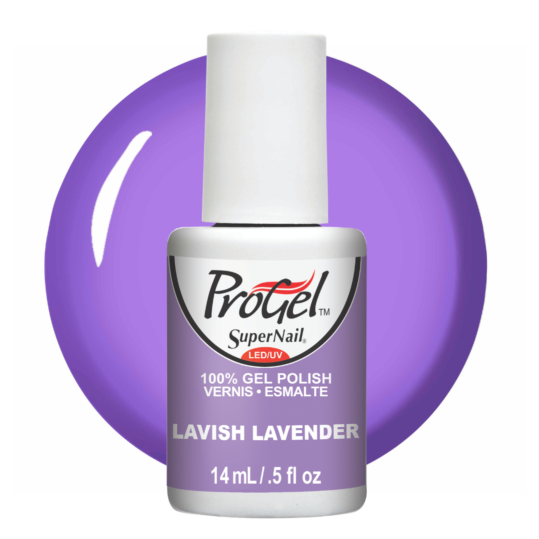 A bottle of Progel SuperNail LED gel polish in the shade Lavish Lavender, shown against a white background with a large purple color swatch behind it.