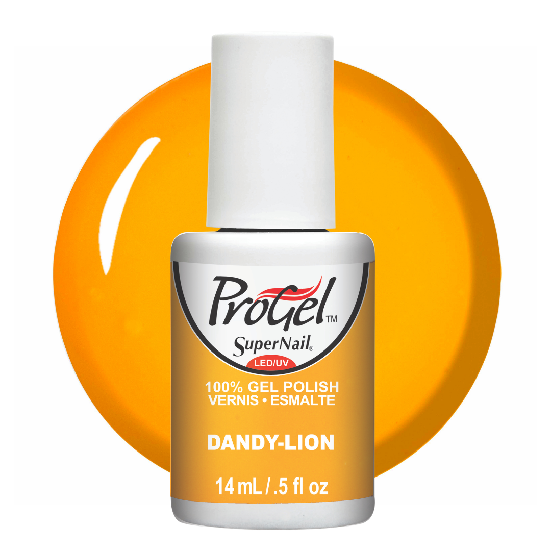 A bottle of ProGel SuperNail LED UV gel polish in the shade Dandy-Lion, featuring a white cap and a white label with orange text, set against a vibrant orange circular background on a white studio backdrop.