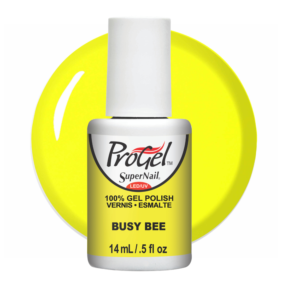 A bottle of ProGel SuperNail LED UV gel polish in the shade 'Busy Bee', featuring a bright yellow color swatch behind the bottle on a white background.