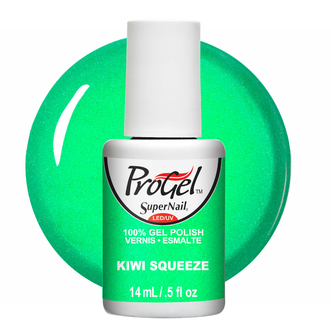A bottle of ProGel SuperNail LED gel polish in the shade Kiwi Squeeze, shown with a bright green glitter polish swatch behind it on a white background.