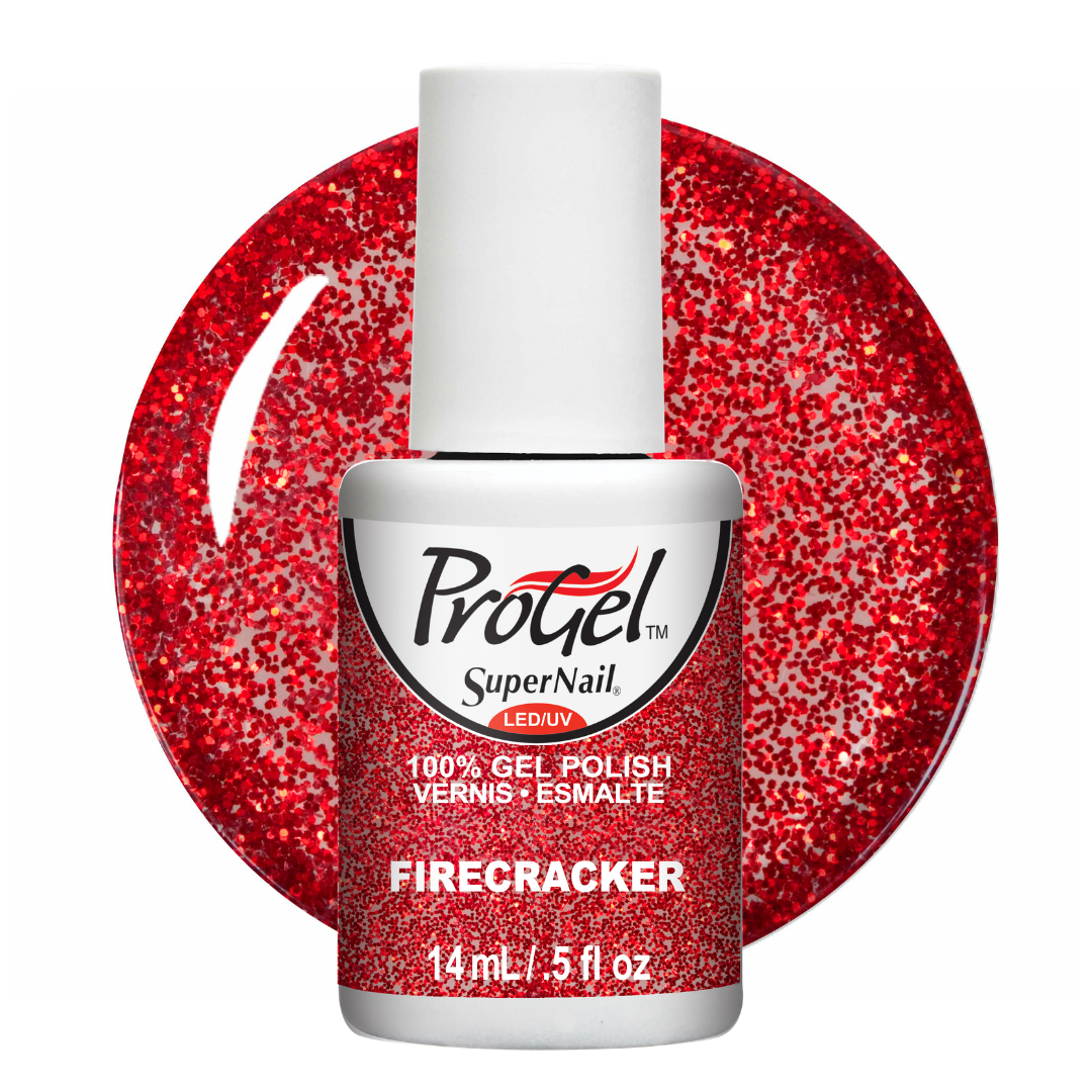 A bottle of ProGel SuperNail LED gel polish in the shade Firecracker, featuring a white cap and a red glitter swatch background.