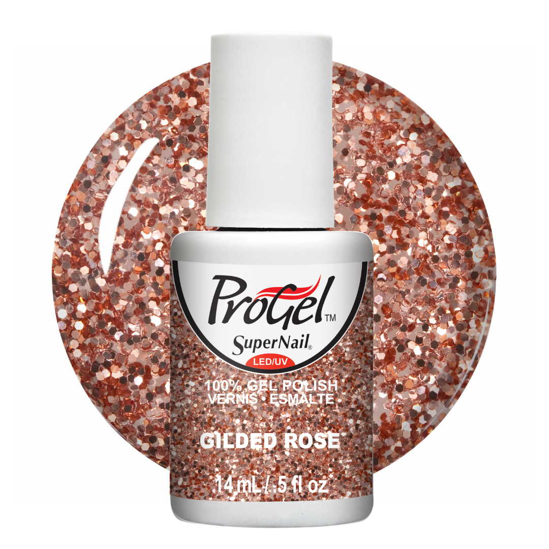 A bottle of ProGel SuperNail LED UV gel nail polish in the shade Gilded Rose, shown in front of a circular glitter swatch of the same rose-gold copper color on a white background.