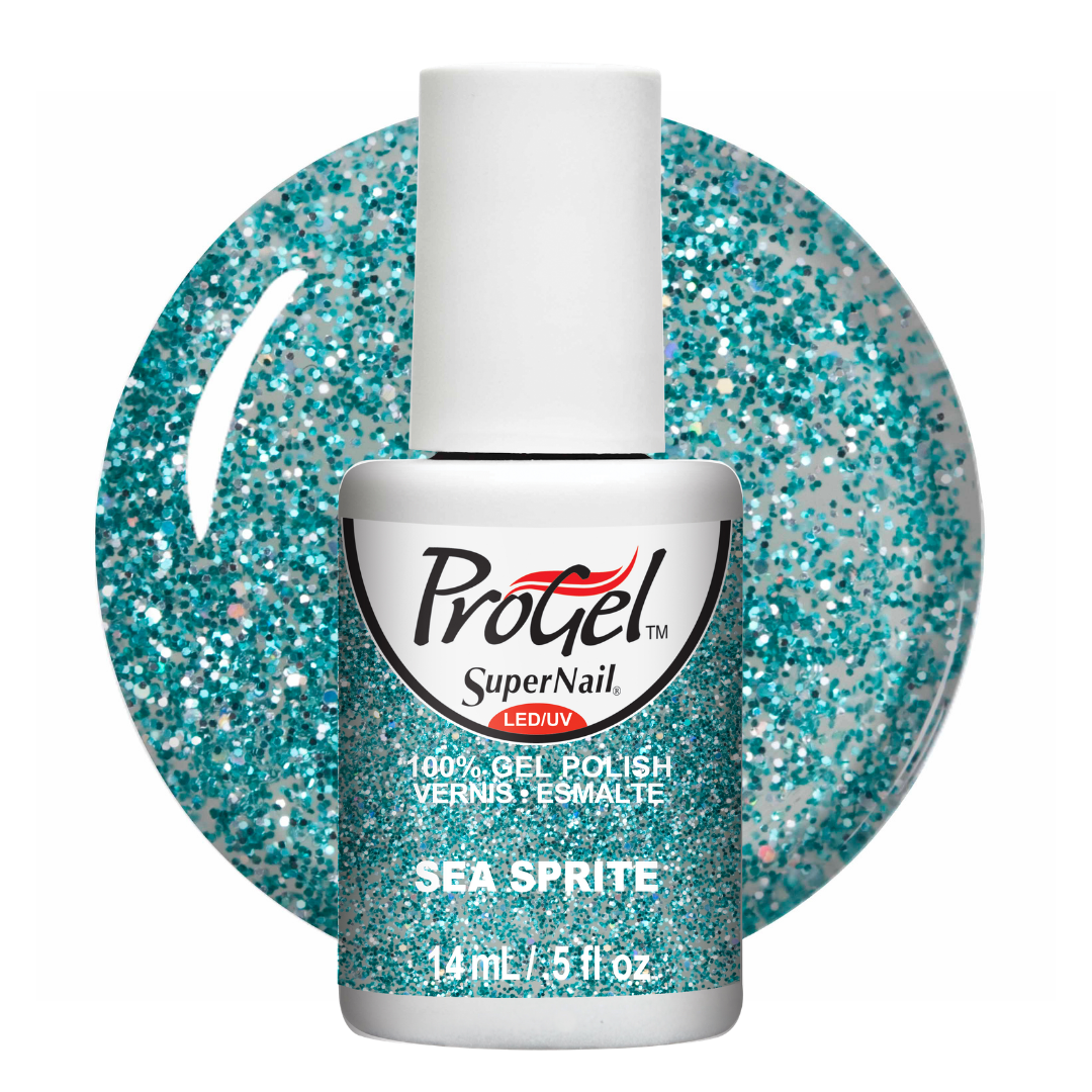 A bottle of Progel SuperNail LED gel polish in the shade Sea Sprite, featuring a white cap and a glittery turquoise-blue label, set against a matching glitter swatch circle on a white background.
