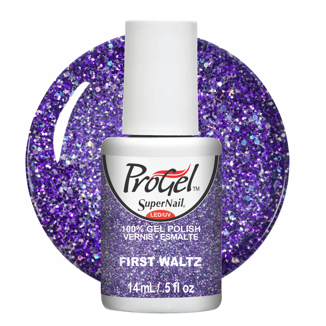 A bottle of Progel SuperNail LED UV gel nail polish in the shade First Waltz, featuring a white cap and a purple glitter polish swatch behind it on a white background.