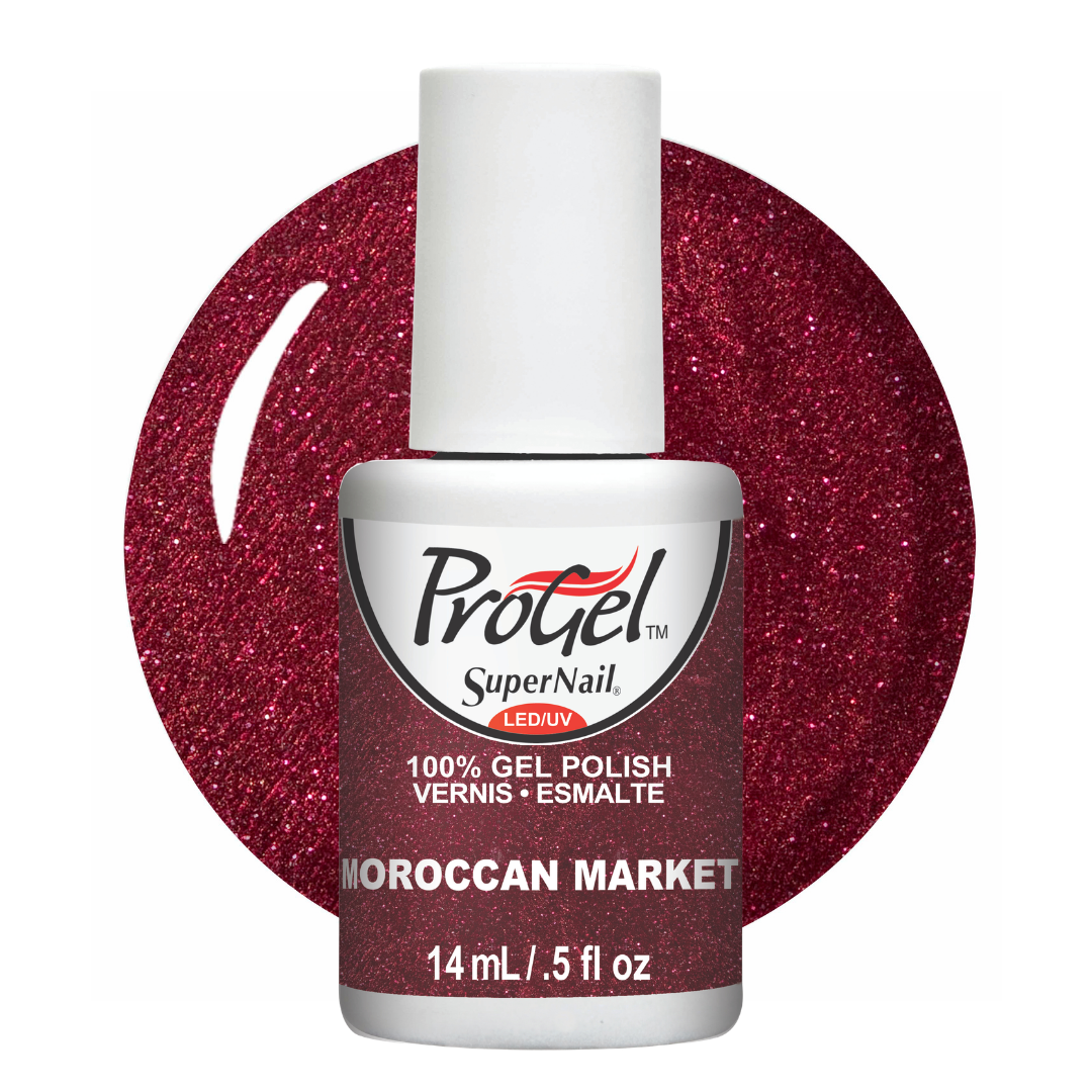 A bottle of Progel SuperNail LED gel polish in the shade 'Moroccan Market', featuring a sparkling deep burgundy red color, shown in front of a matching glittery circular swatch on a white background.