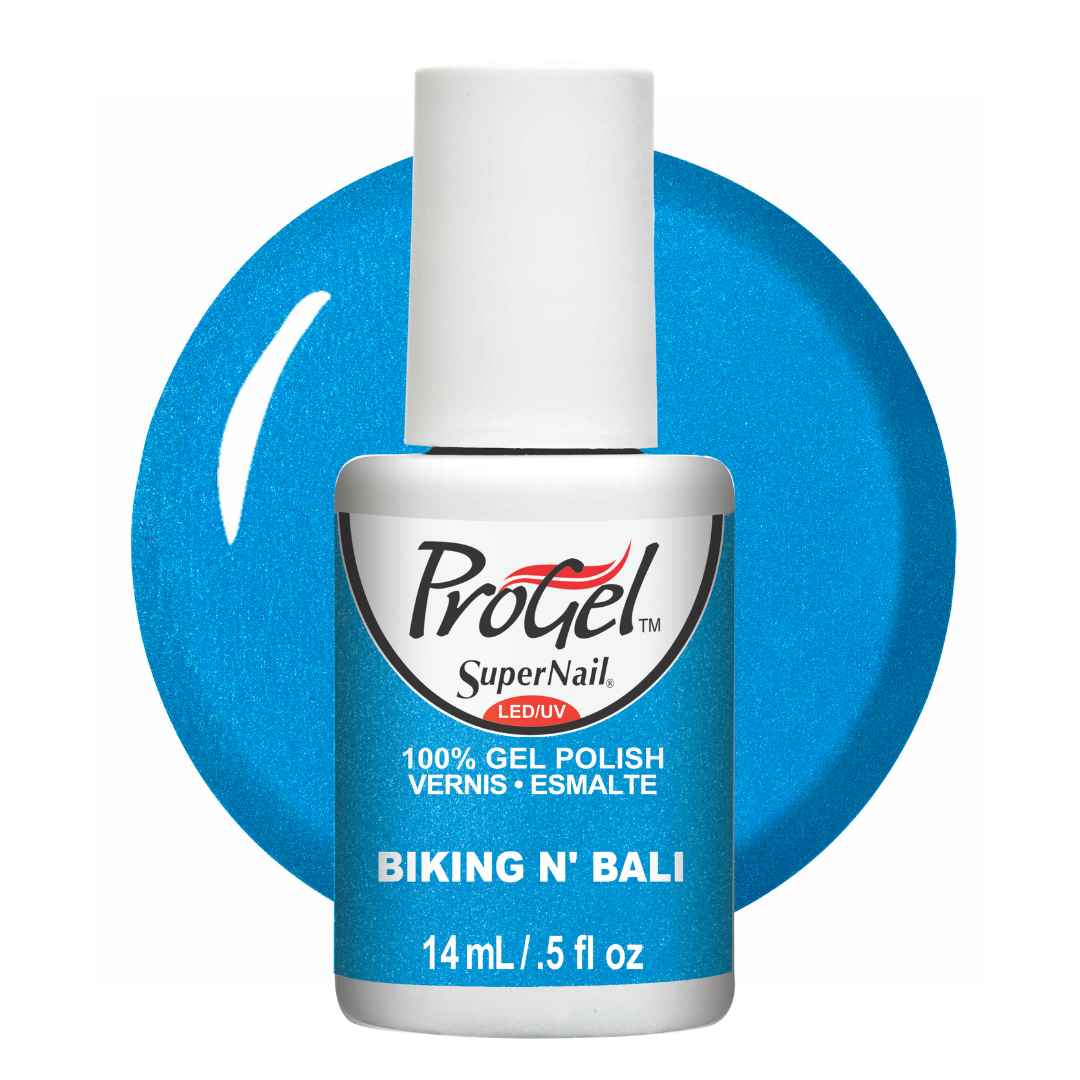 A bottle of ProGel SuperNail LED gel polish in the shade Biking N' Bali, featuring a bright blue color swatch behind the bottle on a white background.