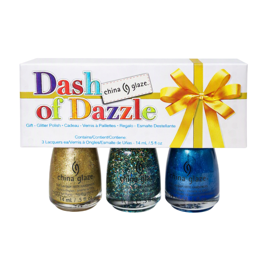 China Glaze Dash of Dazzle nail polish set in a white gift box with a yellow ribbon, showing three glitter nail polishes: gold, teal, and blue.