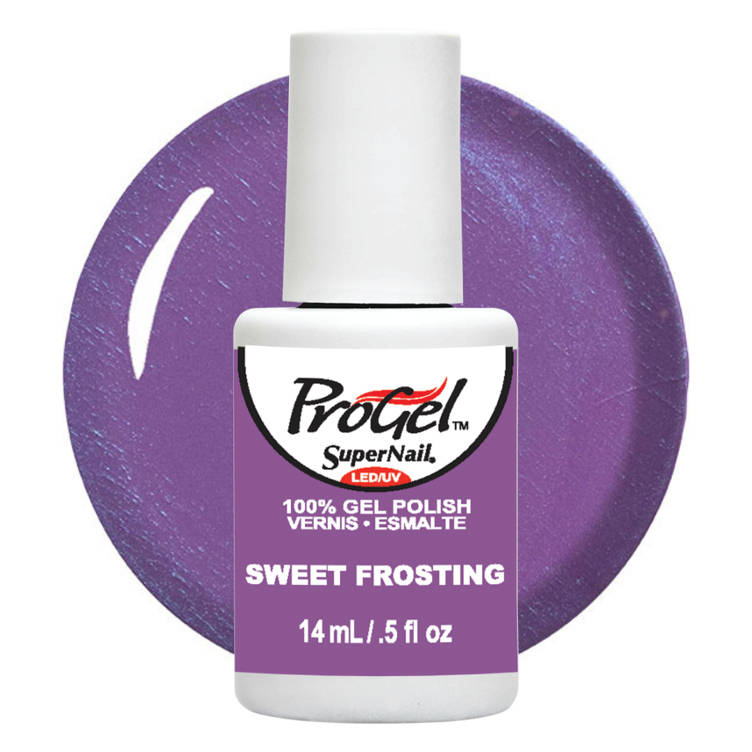 A bottle of ProGel SuperNail LEDUV gel polish in the shade Sweet Frosting, featuring a white bottle with a purple label, set against a matching purple swatch on a white background.