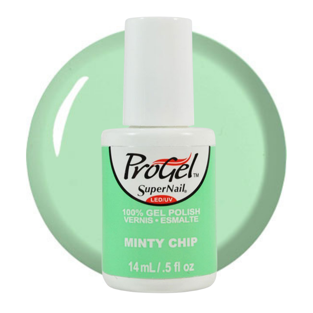 A bottle of ProGel SuperNail LED/UV gel nail polish in the shade Minty Chip, featuring a mint green color swatch behind the white bottle.