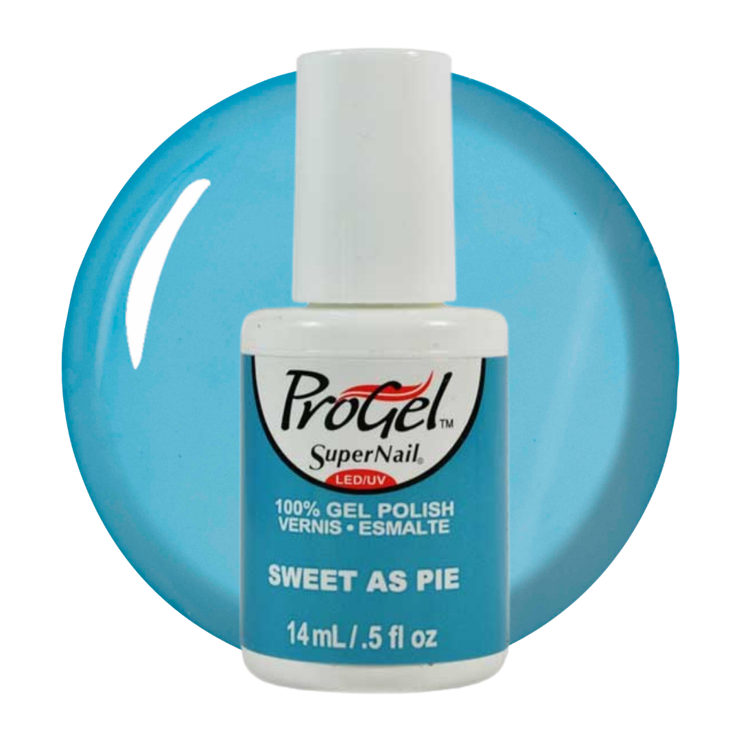 A bottle of ProGel SuperNail gel polish in the shade 'Sweet As Pie', featuring a white cap and white label with a bright blue circular background representing the polish color.