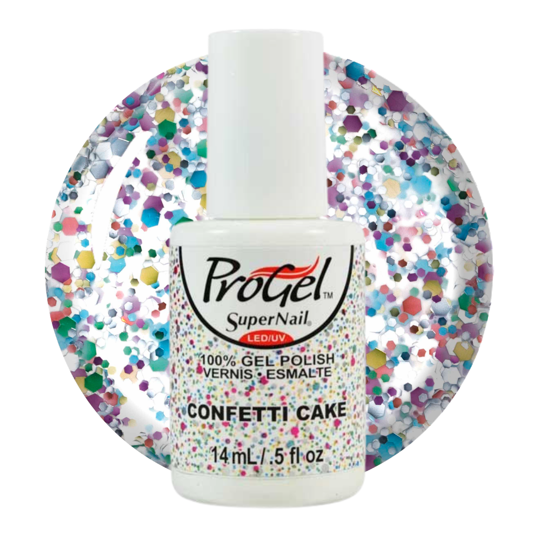 A bottle of ProGel SuperNail LED/UV gel nail polish in the shade Confetti Cake, featuring a white cap and a label decorated with multicolored confetti. A circular graphic of the same multicolored confetti pattern sits behind the bottle on a plain white background.