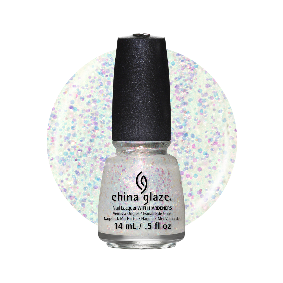 A bottle of China Glaze nail polish with hardeners in a white base with dense pastel holographic glitter, shown against a white background with a circular color swatch.