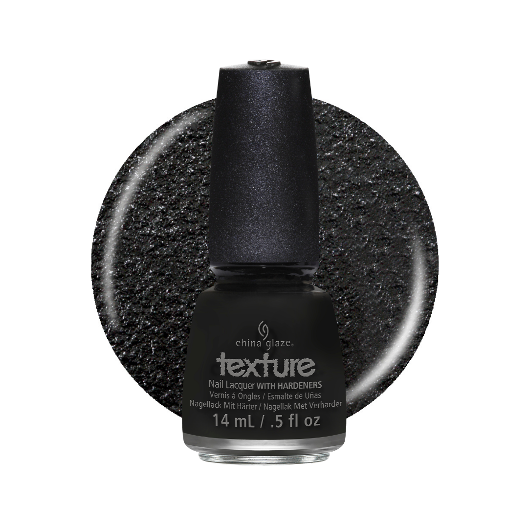 A bottle of China Glaze Texture Nail polish with Hardeners in a shimmering black shade, shown in front of a circular swatch of the same textured black polish on a white background.