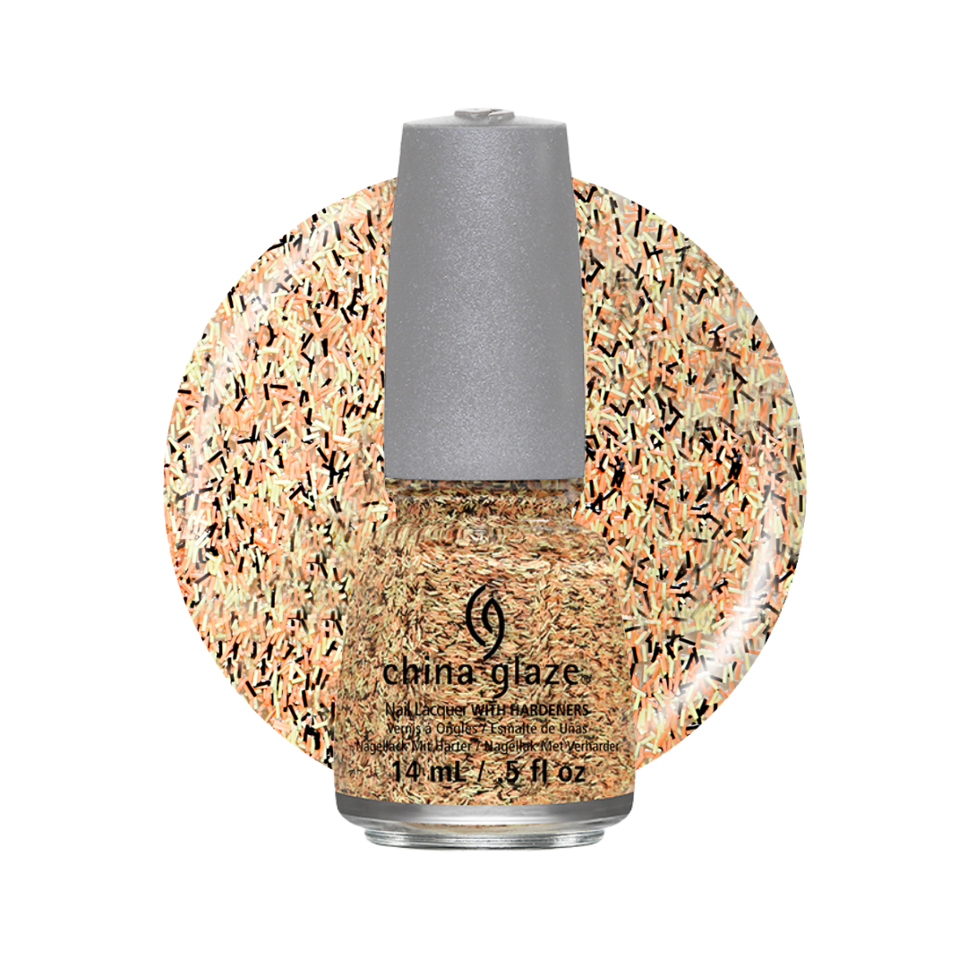 A bottle of China Glaze nail polish with a glittery gold, orange, and black speckled pattern, shown in front of a matching circular swatch on a white background.