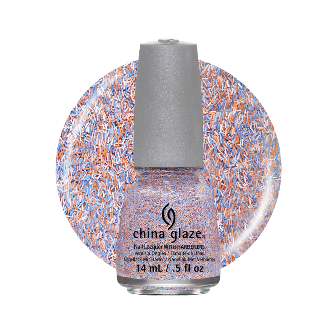 A bottle of China Glaze nail lacquer with fibers in a light blue, orange, and white multicolor shimmery shade, shown with its circular cap on a white background.