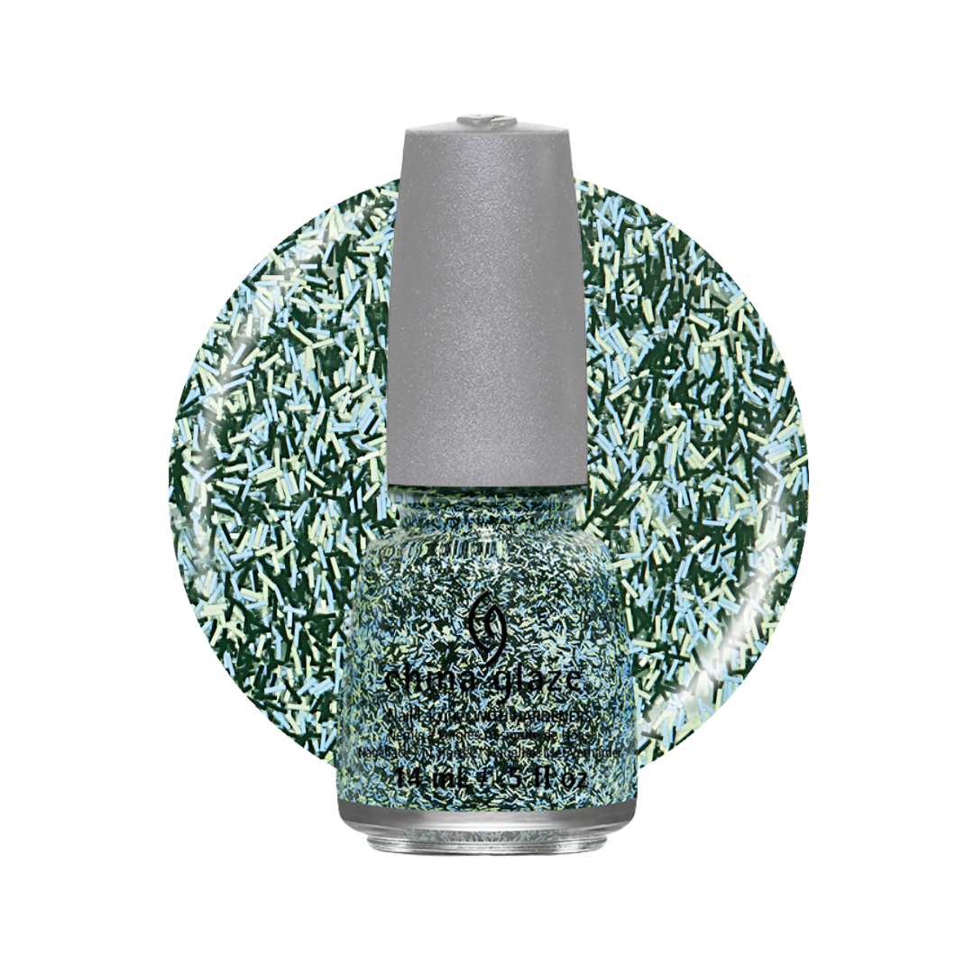 A bottle of China Glaze glitter nail polish in a light blue and green speckled pattern, shown in front of a circular swatch of the same glitter design on a white background.