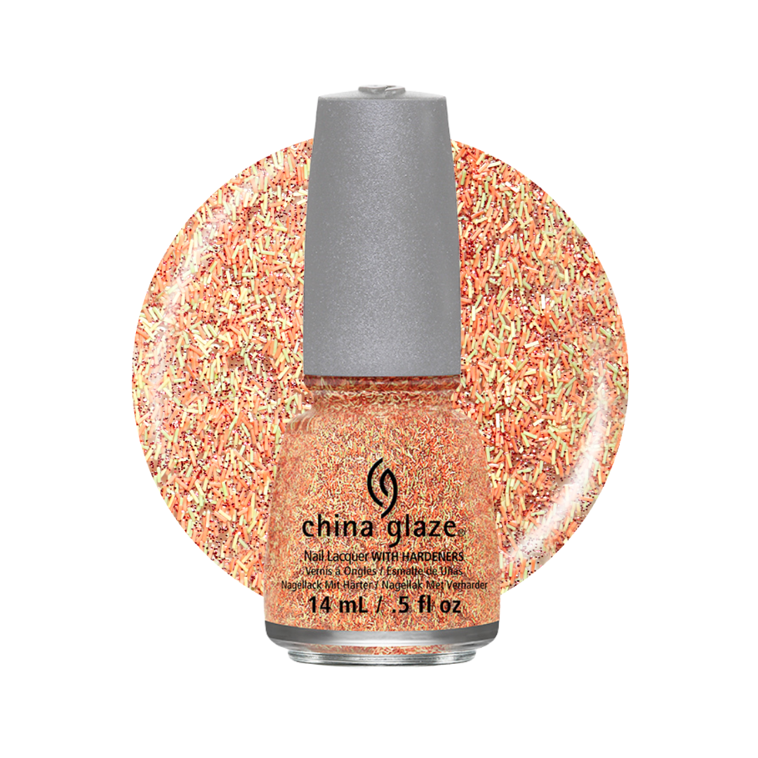 A bottle of China Glaze nail polish with shimmering peach-orange polish and fine glitter, featuring a textured circular swatch of the same polish behind it on a white background.