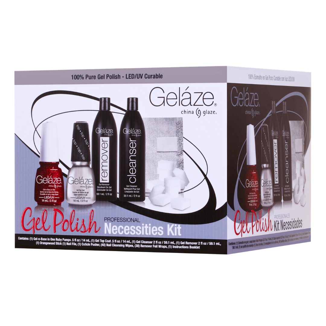 Gelàze China & Grace Professional Necessities Kit gel polish set in its retail packaging, featuring bottles of red, silver, and black gel polish along with remover and cleanser bottles.