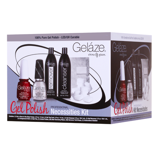 Gelàze China & Grace Professional Necessities Kit gel polish set in its retail packaging, featuring bottles of red, silver, and black gel polish along with remover and cleanser bottles.