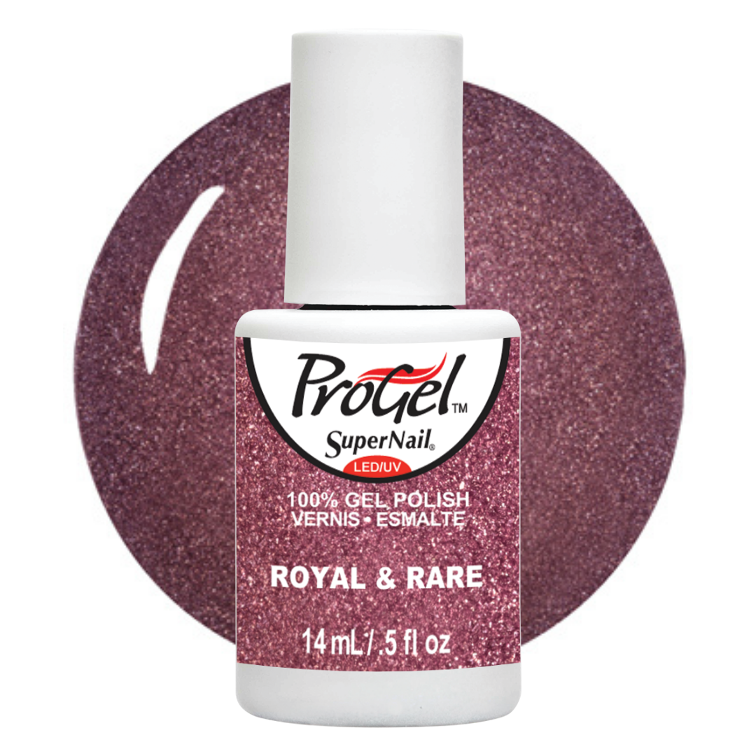 A bottle of ProGel SuperNail LED gel polish in the shade Royal & Rare, featuring a sparkling deep berry purple polish with a white cap and a matching glittery circular swatch behind it.