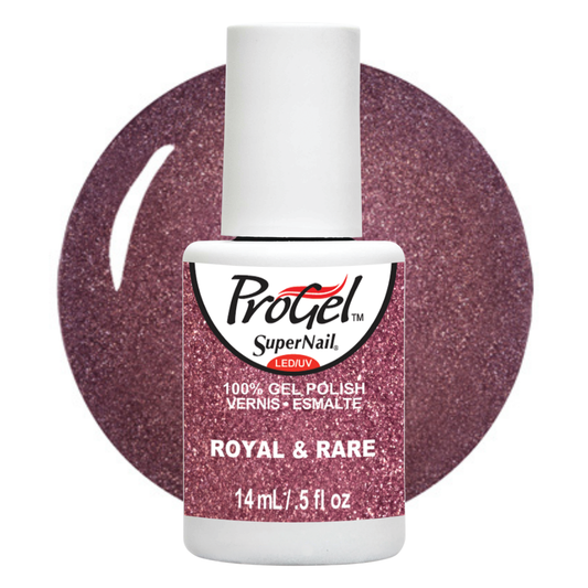 A bottle of ProGel SuperNail LED gel polish in the shade Royal & Rare, featuring a sparkling deep berry purple polish with a white cap and a matching glittery circular swatch behind it.