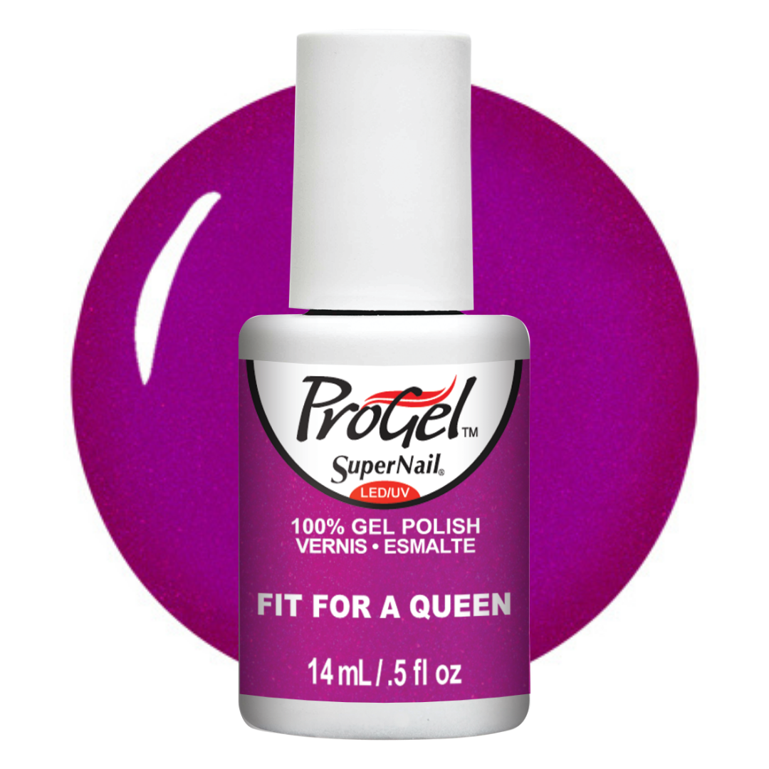 A bottle of ProGel SuperNail LEDUV gel polish in the shade 'Fit For A Queen', featuring a white cap and a purple label, set against a matching purple circular swatch on a white background.