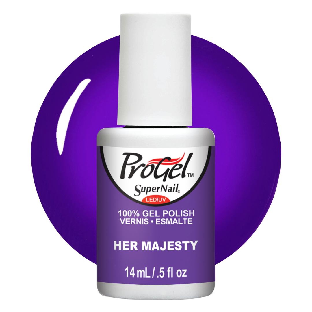 A bottle of ProGel SuperNail LEDUV gel nail polish in the shade 'Her Majesty', featuring a white cap and a purple label, set against a matching purple circular swatch on a white background.