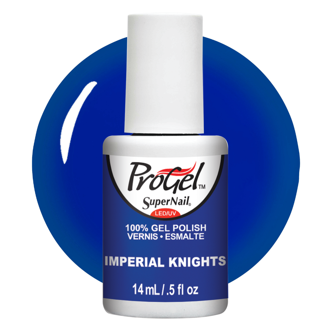 A bottle of ProGel SuperNail LED gel polish in the shade Imperial Knights, featuring a white cap and a blue label, set against a blue circular background swatch.