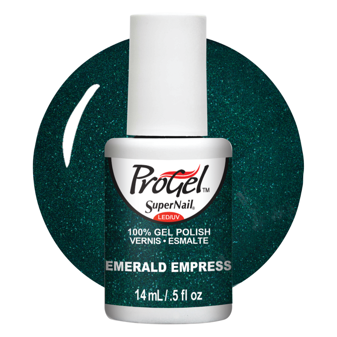 A bottle of ProGel SuperNail LEDUV gel polish in the shade Emerald Empress, featuring a dark green glitter polish color swatch behind the bottle.