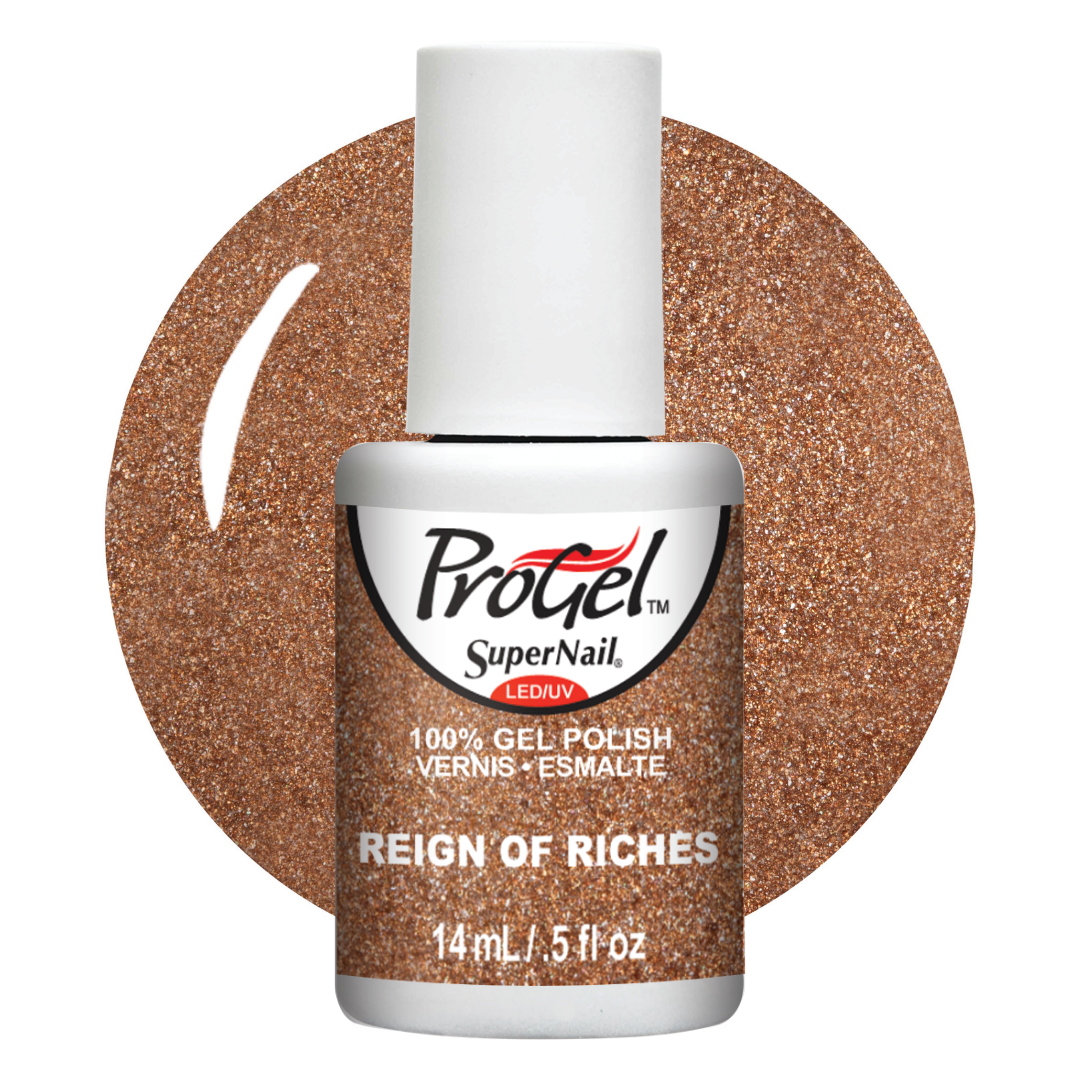 A bottle of Progel SuperNail LED gel nail polish in the shade 'Reign of Riches', featuring a white cap and a white label with black and red text, set against a glittery copper-brown circular swatch on a white background.