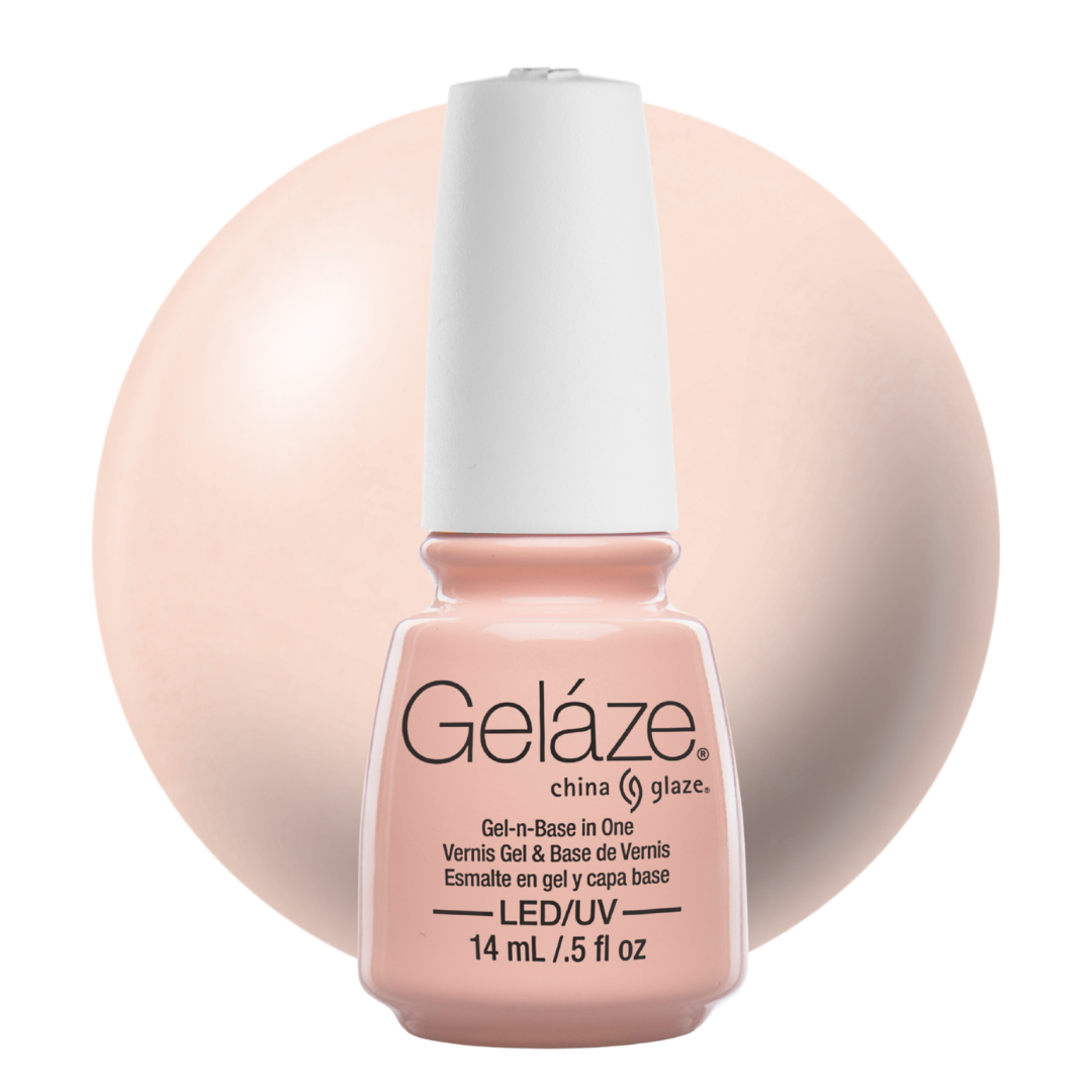 A bottle of Geláze China Glaze LED/UV gel nail polish in a soft peach-pink shade, shown against a matching peach-pink circular background on a white studio backdrop.