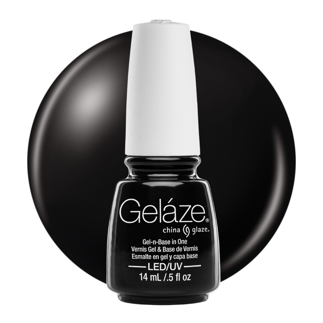 A bottle of Geláze China Glaze LED/UV gel nail polish in black, shown against a black circular background with a white cap.