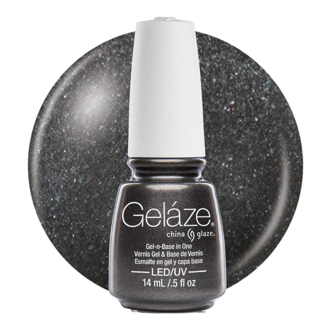 A bottle of Geláze China Glaze LED/UV gel nail polish in a dark grey glitter shade, shown against a black circular background with a white cap.