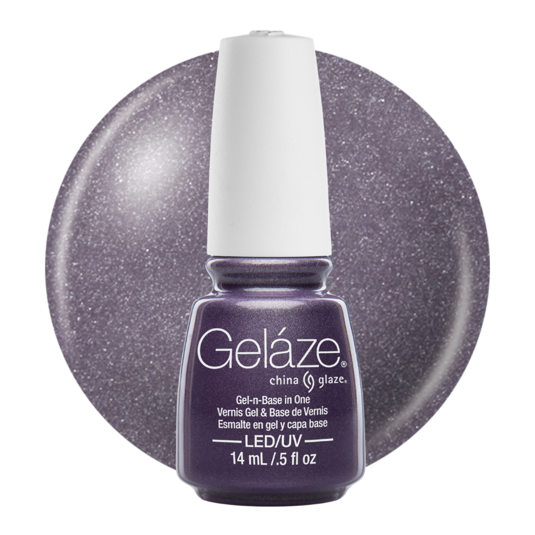 A bottle of Geláze China Glaze gel nail polish, shown in front of a circular color swatch of the glittery purple polish. The bottle has a white cap and a dark purple body with white text.