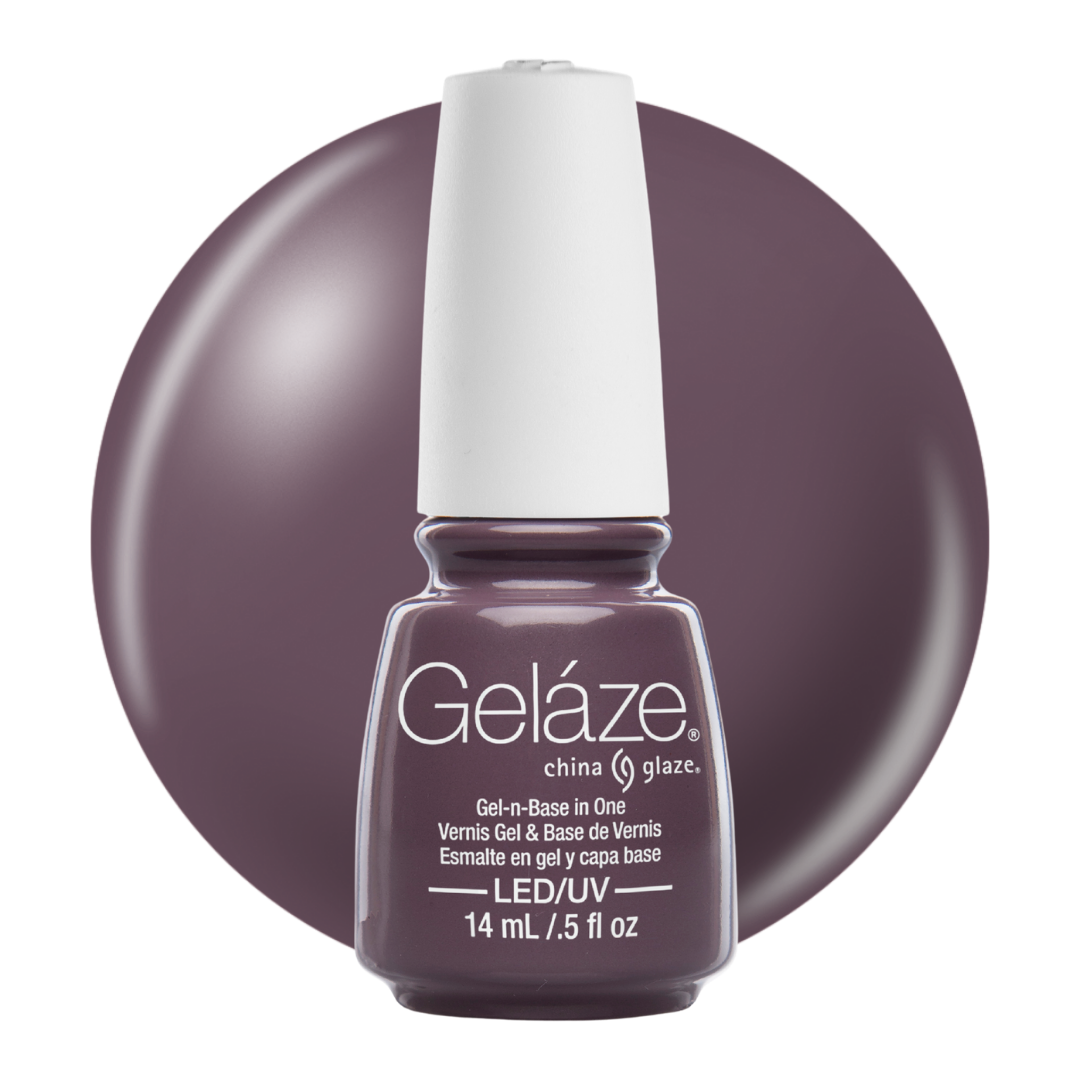 A bottle of Geláze China Glaze nail polish in a dark plum-purple shade shown against a matching dark plum-purple circular background. The bottle has a white cap and white printed text.