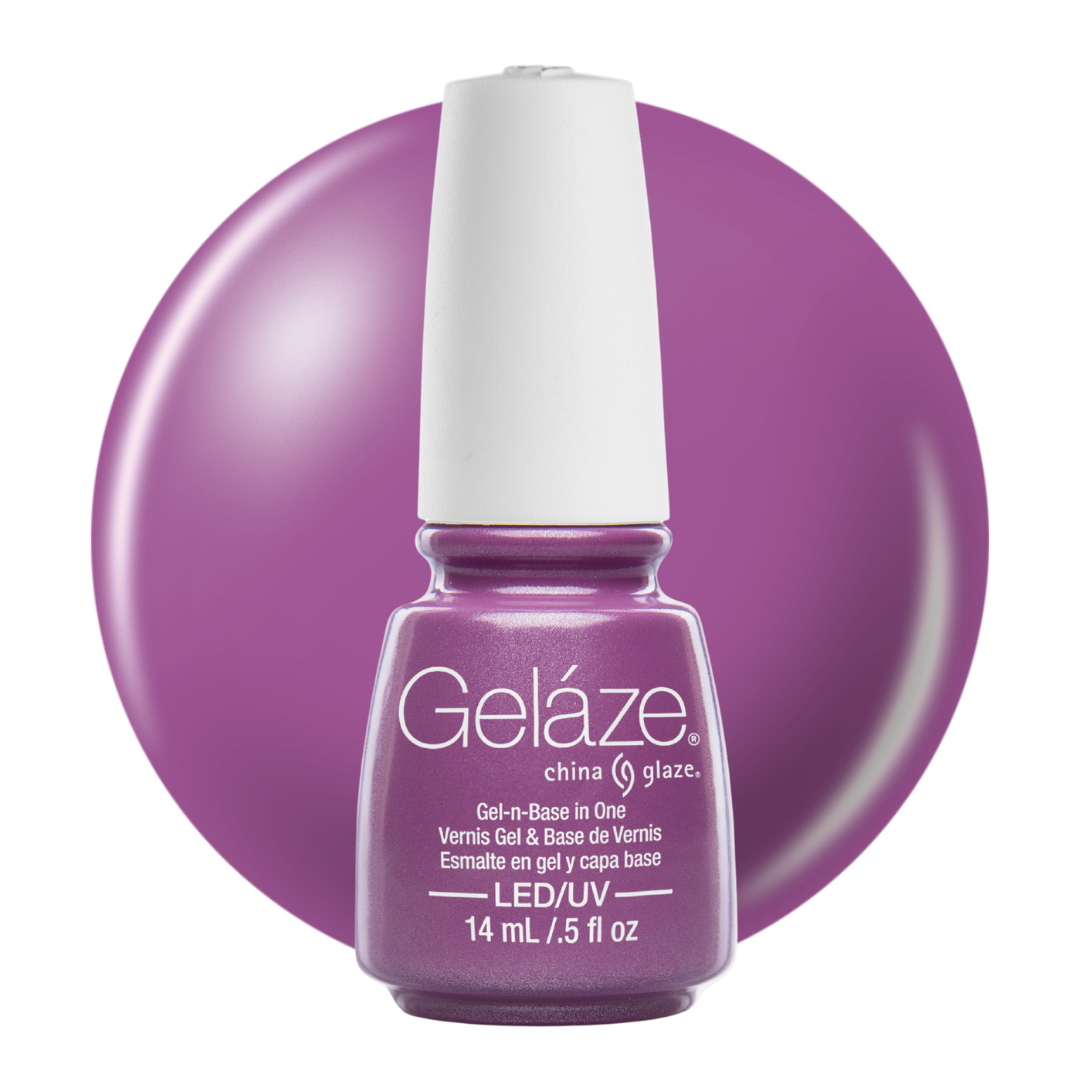 A bottle of Geláze China Glaze LED/UV gel nail polish in a purple shade, shown in front of a matching purple circular color swatch on a white background.