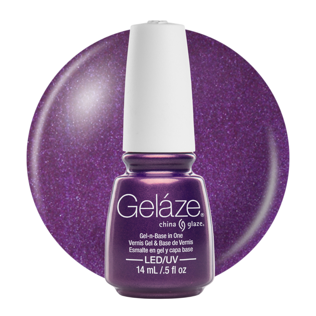A bottle of Geláze China Glaze nail polish in a sparkling purple shade, shown in front of a matching circular swatch on a white background.