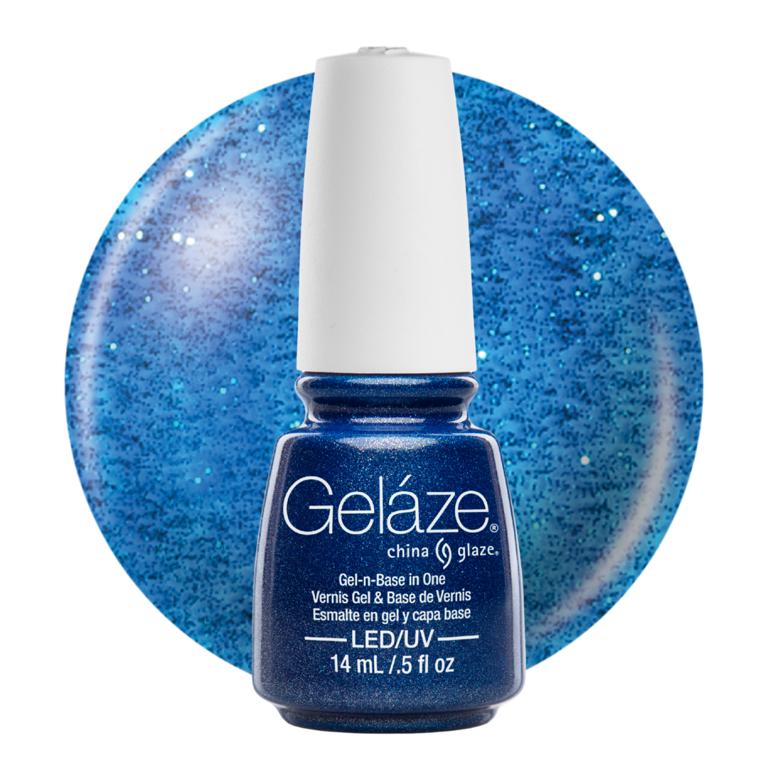 A bottle of Geláze China Glaze blue gel nail polish base with a white cap, set against a circular blue glitter swatch on a white background.