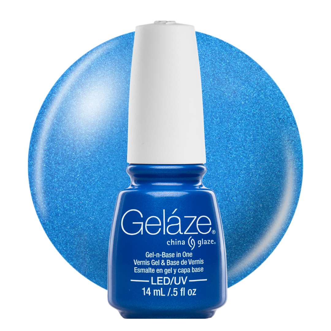 A bottle of Geláze China Glaze LED gel nail base in a sparkling light blue shade, shown in front of a matching blue glitter swatch circle on a white background.