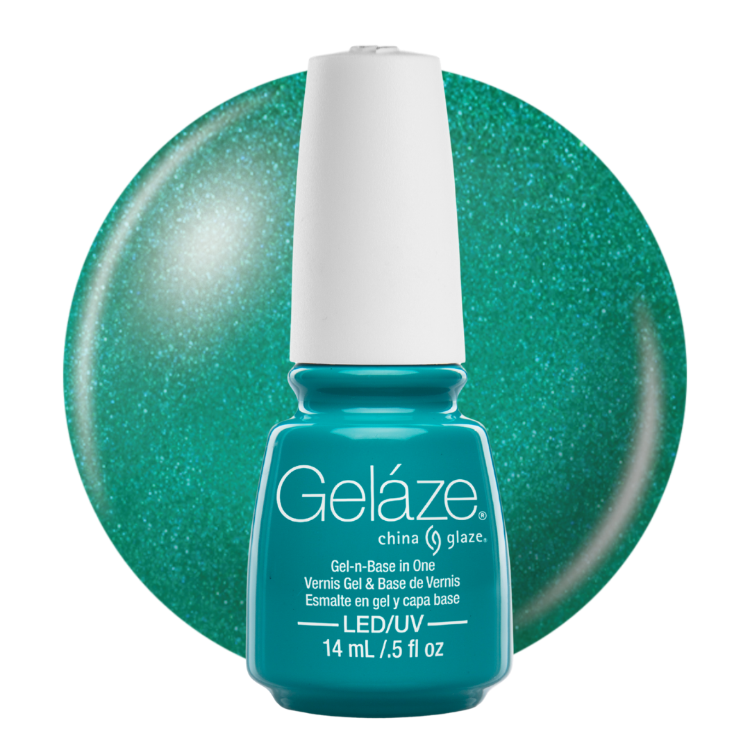 A bottle of Geláze China Glaze gel nail polish in a sparkling teal-green shade, shown in front of a matching glitter swatch circle on a white background.