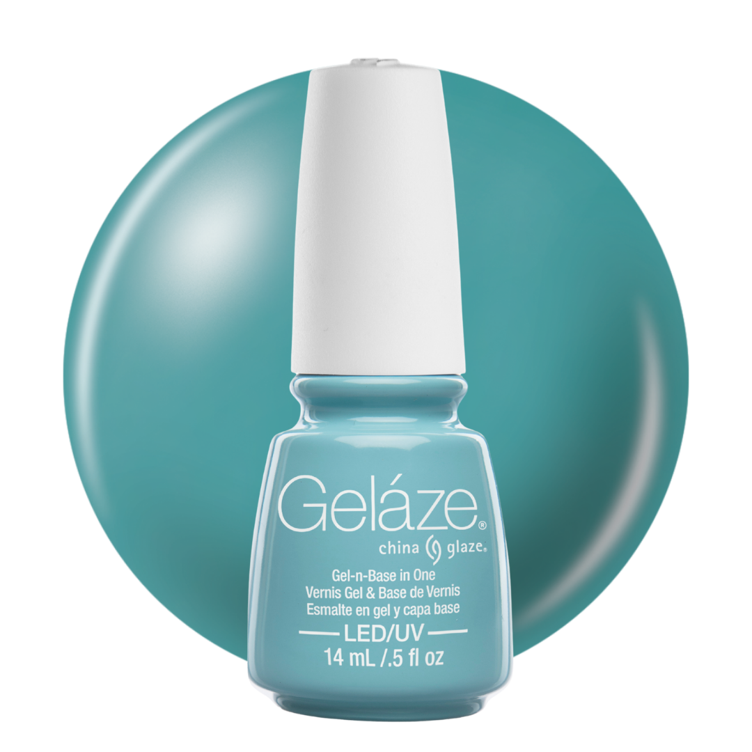 A bottle of Geláze China Glaze nail polish in a green-blue shade, featuring a light teal blue color with a white cap, set against a matching teal circular background on a white studio backdrop.