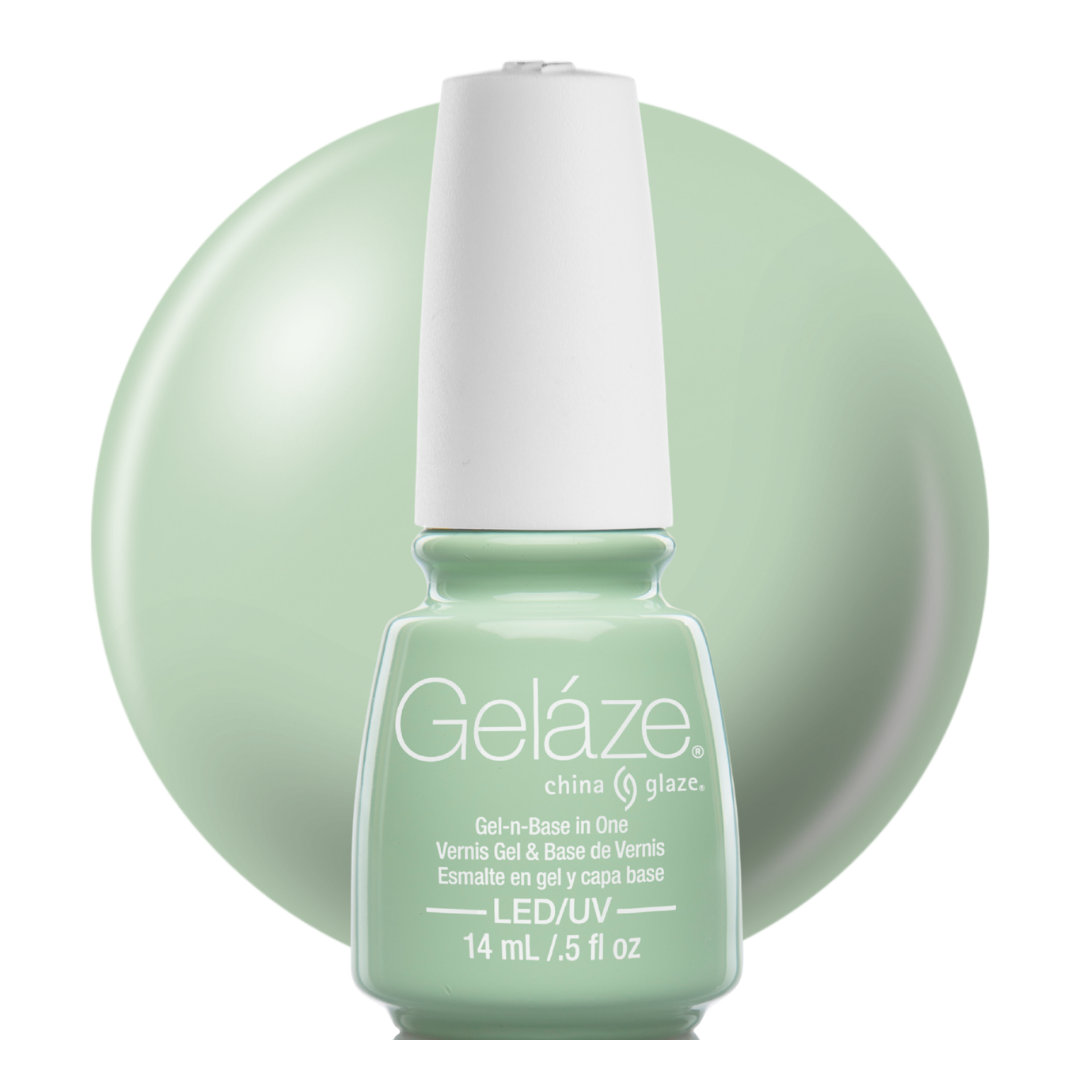 A bottle of Geláze China Glaze gel nail polish in a pale mint green shade, shown against a matching mint green circular background on a white studio backdrop.